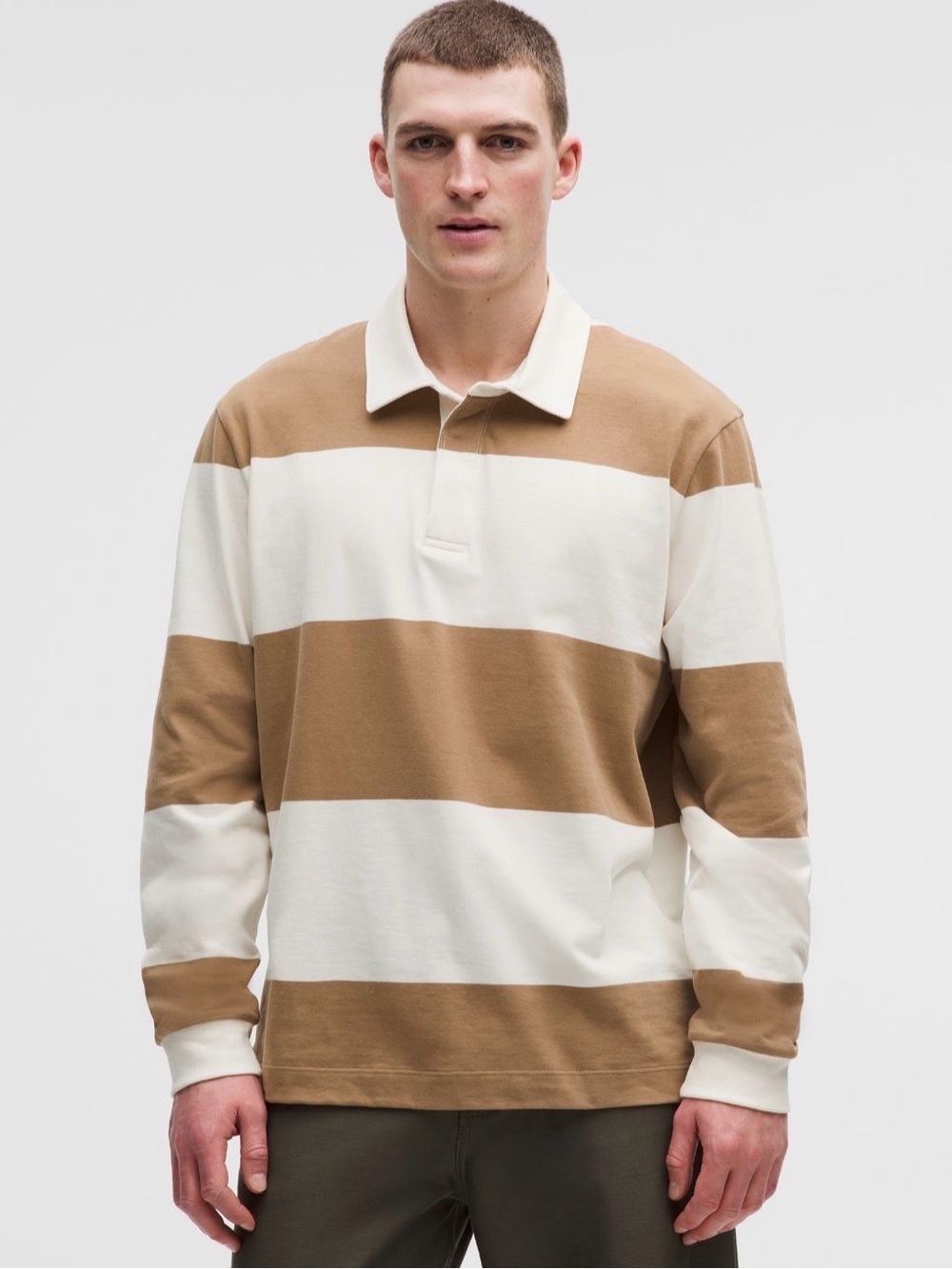 Lululemon Long Sleeve Cotton Rugby Shirt Camel Brown Ivory Stripe Size XL NWT